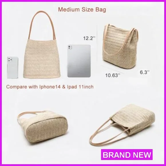 Straw Woven Tote Shoulder Bag Bucket Purse Summer Casual Boho Lightweight - Picture 4 of 7